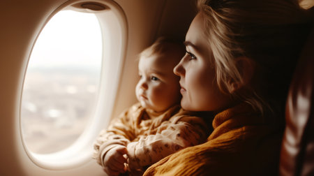 Mother holding her baby are looking out the window enjoying aerial view during comfortable flightの素材