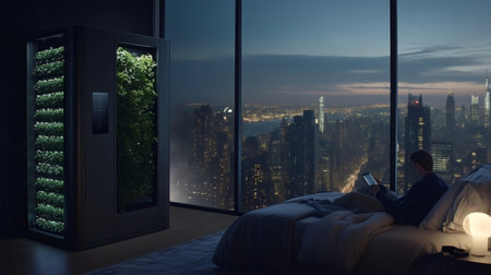 Businessman is using a tablet in his bed in a luxury apartment with a vertical hydroponic garden, overlooking the New York City skyline at duskの素材