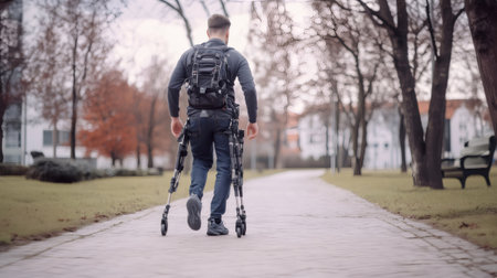 Patient using innovative robotic exoskeleton walking outdoors, demonstrating rehabilitation and mobility technologyの素材