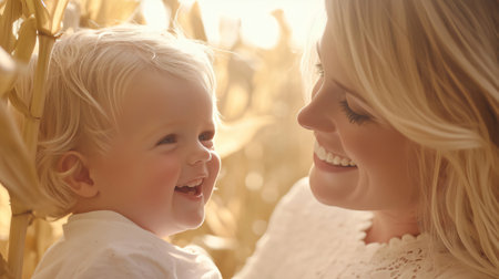 Mother and her young daughter are enjoying a sunny day together in a cornfieldの素材
