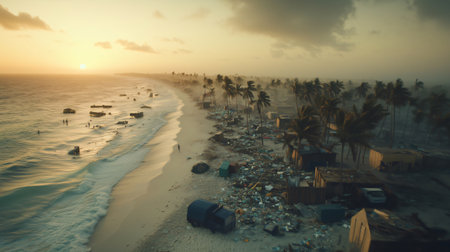 Plastic garbage covering a tropical beach at sunset, symbolizing environmental pollutionの素材