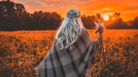Shaman with long silver hair and plaid poncho holding feathered staff in a field at sunsetの素材