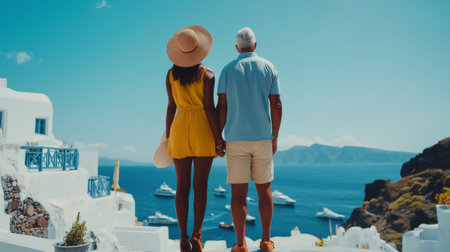 Senior couple enjoying summer vacation in Greece admiring beautiful Santorini caldera in Oiaの素材