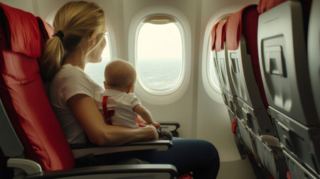 Mother holding her baby while looking out the window during an airplane flightの素材