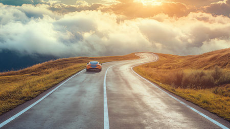 Orange sport car driving on a winding mountain road above the clouds at sunsetの素材
