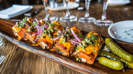 Gourmet appetizer of smoked salmon rolls, garnished with capers, dill, and red onion, served with pickles on a rustic wooden platterの素材