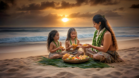 Native Hawaiian mother and daughters sharing traditional food during Makahiki festival on a beautiful beach at sunsetの素材