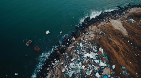 Plastic garbage polluting ocean water and accumulating on beach, representing environmental pollution and ecological damageの素材