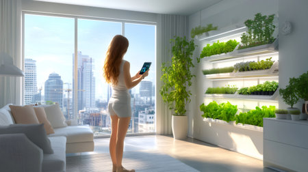 Woman using a tablet to manage a vertical hydroponic garden in her modern apartment with a city viewの素材