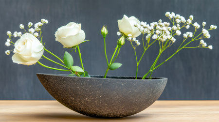 Minimalist Ikebana design featuring white roses and gypsophila paniculata in a dark textured bowl, creating a serene and elegant compositionの素材