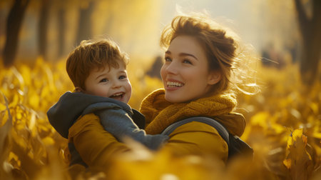 Young mother is carrying her son and smiling in a corn maze on a sunny fall dayの素材