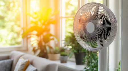 Sleek white pedestal fan is positioned in a sunlit living room, providing a cooling breeze during a hot summer dayの素材