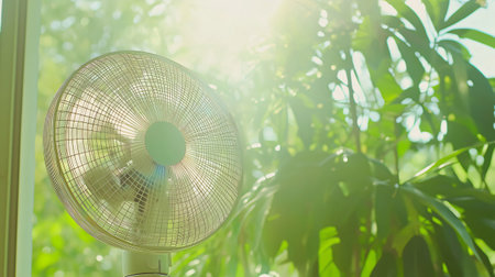White pedestal fan rotates near a window, providing cooling relief on a hot summer day with green foliage in the backgroundの素材