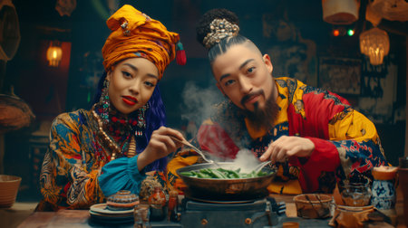 Chefs cooking traditional food from around the world in a restaurant kitchenの素材