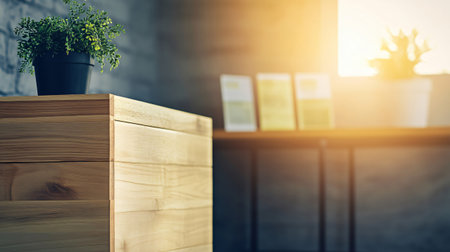 Sunlight illuminates a modern wooden cabinet with a potted plant, creating a warm and inviting atmosphere in a contemporary roomの素材