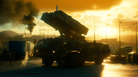 Mobile missile launcher deployed in industrial area at sunset polluting the air with dark smokeの素材