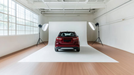 Modern photo studio with seamless white backdrop, softboxes and a red car posing for a professional photoshootの素材