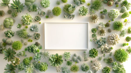 Horizontal white frame mockup surrounded by various succulent plants creating a natural and elegant composition on off white backgroundの素材
