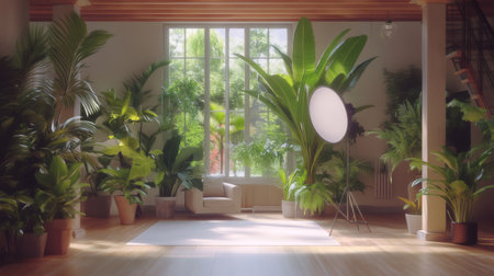 Empty modern photo studio with seamless white backdrop, lighting equipment and many plants illuminating by sunlight from large windowの素材