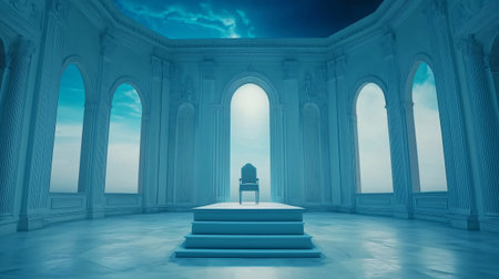 Majestic palace with an empty throne awaits its ruler, symbolizing power, authority, and anticipationの素材