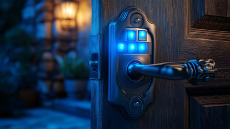 Glowing keypad lock illuminating a modern apartment entrance, enhancing security and convenience at nightの素材
