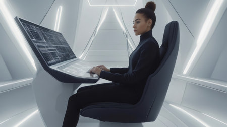 Spaceship crew member using control panel with futuristic interface in white spaceship interiorの素材