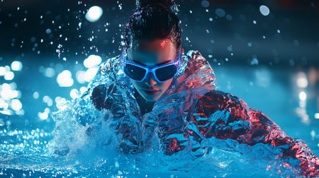 Fashionable model swimming in pool at night wearing a futuristic iridescent raincoat and sunglasses, creating a splashの素材