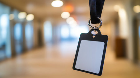 Blank id card with black frame hanging on a black lanyard in a blurred office backgroundの素材