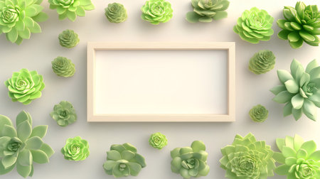 Wooden frame mockup surrounded by various succulents on white background creating a natural and minimalist compositionの素材