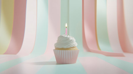 Single cupcake with lit candle on pastel colored background celebrating a birthdayの素材