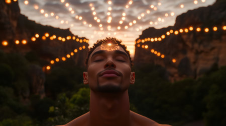 Young man meditating with closed eyes and glowing light waves superimposed on his forehead, with string lights and a beautiful sunset in the backgroundの素材