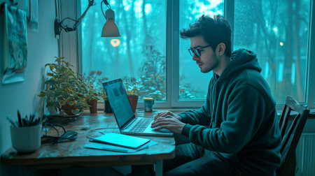 Focused young man using laptop, working remotely from home office during a cold rainy dayの素材
