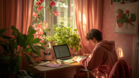 Programmer working remotely in home office surrounded by plants, enjoying natural lightの素材