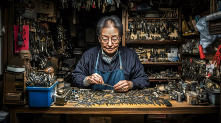 Senior locksmith carefully examining keys in his cluttered workshop, surrounded by tools and suppliesの素材