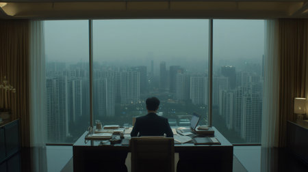 Businessman sitting at desk working in modern office overlooking cityscape through large windowの素材