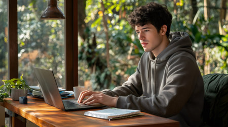 Focused young man working remotely on laptop in cozy home office with plants and natural light, enjoying productive work from home experienceの素材