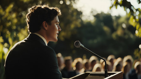 Young politician or businessman delivering a powerful speech at an outdoor rally, connecting with the audienceの素材