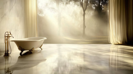 Luxurious bathroom featuring a freestanding bathtub, golden faucet, marble floor and walls, and large windows overlooking a misty forestの素材