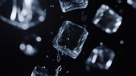Ice cubes falling against a black background, with water dripping from melting ice, creating a refreshing and cool visualの素材