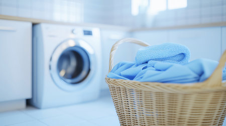 Wicker laundry basket overflowing with clean, folded blue towels and clothes, with a washing machine in the backgroundの素材