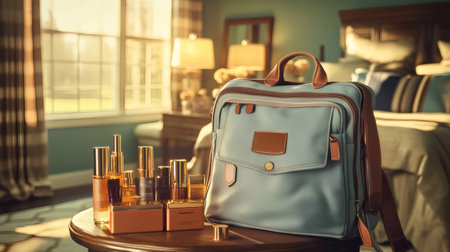 Travel bag and beauty products sit on a wooden table in a sunlit bedroom, ready for a relaxing vacationの素材