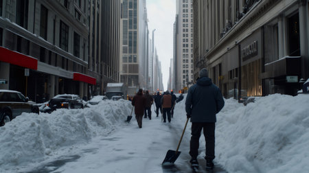 City workers cleaning up snow from streets of Chicago after a winter blizzardの素材