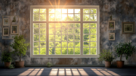 Bright sunlight shining through large window in empty room with plants and framed pictures on the wallの素材