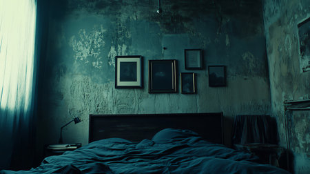 Unmade bed sits in a dimly lit bedroom with textured walls and framed artwork, creating a dark, moody atmosphereの素材