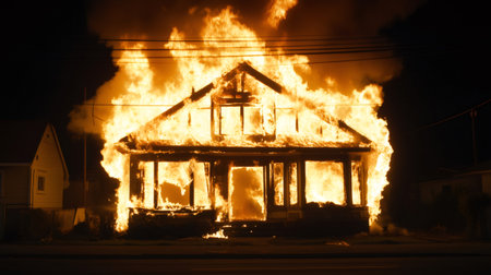 Burning house at night with large flames and intense heat, representing concepts of loss, danger, and emergency situationsの素材