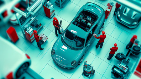 Mechanics working on a car inside a service station, high angle viewの素材