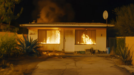 Flames engulfing a residential house at night, illustrating the destructive power of fire and its impactの素材