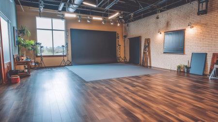 Empty professional photo studio with backdrop, lighting equipment, and wooden floor, ready for a photoshootの素材