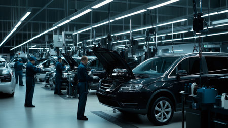 Car service center with mechanics working on vehicles under bright lightsの素材