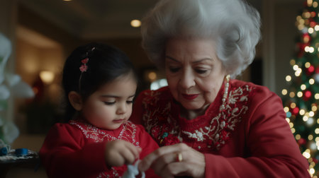 Grandmother and granddaughter wearing red outfits are sharing a special moment on Christmas dayの素材